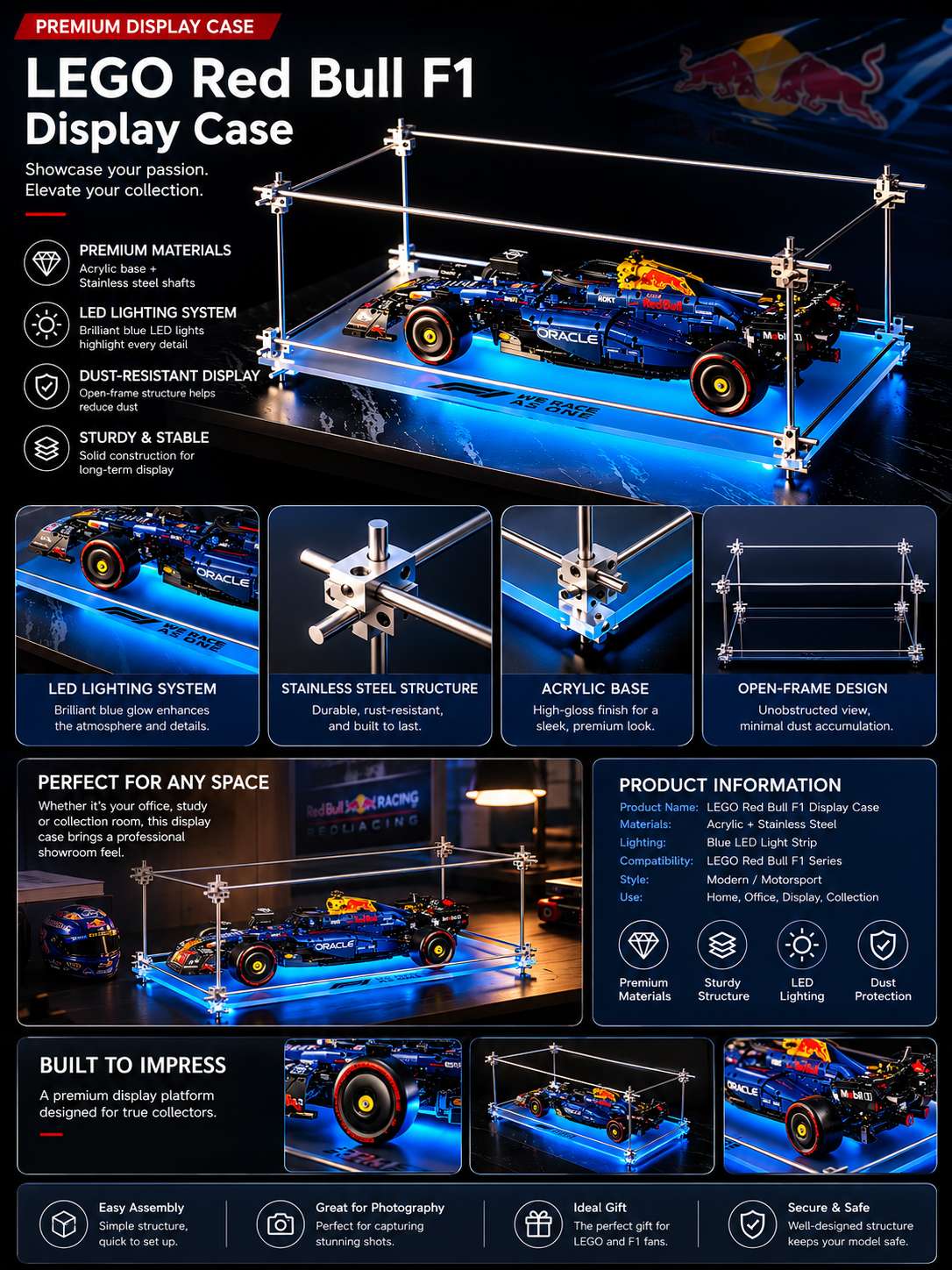 Premium Minimalist Metal Display Frame, Open-Style for LEGO Red Bull F1 Car (42206)